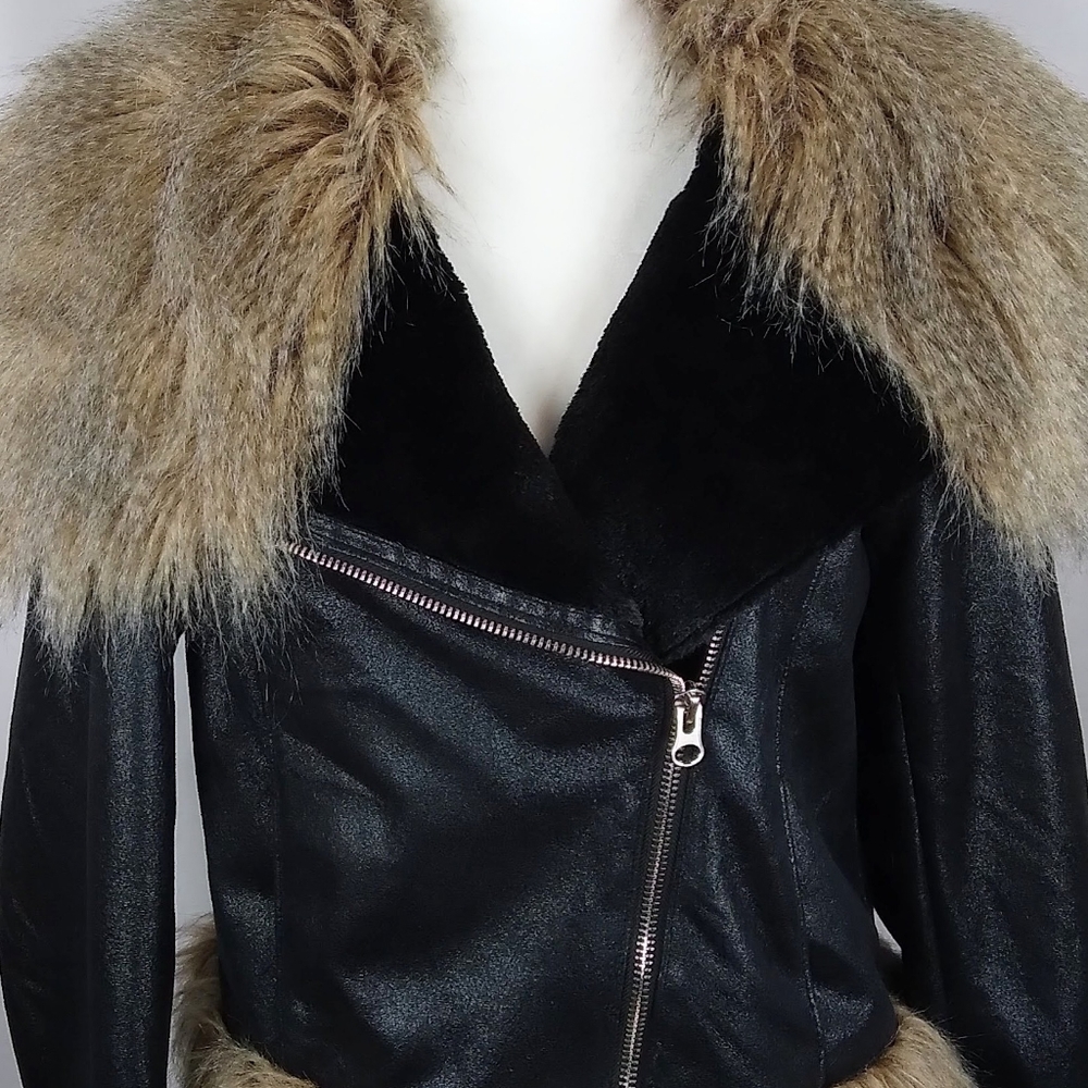 Hawke & Co Black Faux Leather Fur Biker Jacket Coat M
